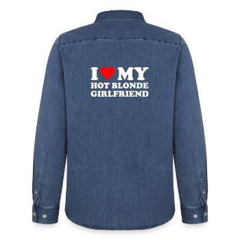 I love my blonde girlfriend - Men’s Organic Denim Shirt by Stanley/Stella - mid washy  - Back - AI Model Male 185 light (185cm)