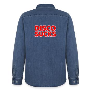 La disco, c’est nul - Chemise en denim homme bio Stanley/Stella - bleu moyen délavé  - Dos - AI Model Male 185 light (185cm)