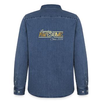Legendary and Awesome since 2006 - Men’s Organic Denim Shirt by Stanley/Stella - mid washy  - Back - AI Model Male 185 light (185cm)