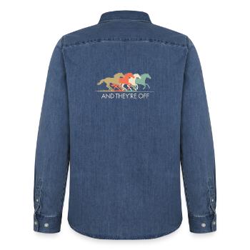 Vintage Racing Horses Illustration - Men’s Organic Denim Shirt by Stanley/Stella - mid washy  - Back - AI Model Male 185 light (185cm)