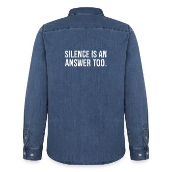 silence is an answer too - Men’s Organic Denim Shirt by Stanley/Stella - mid washy  - Back - AI Model Male 185 light (185cm)