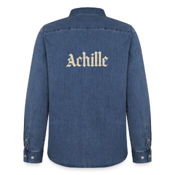 Achille Gothic script - Men’s Organic Denim Shirt by Stanley/Stella - mid washy  - Back - AI Model Male 185 light (185cm)