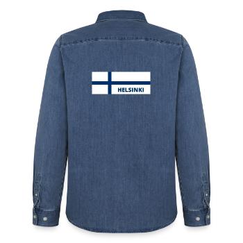 Helsinki City in Finnish Flag - Men’s Organic Denim Shirt by Stanley/Stella - mid washy  - Back - AI Model Male 185 light (185cm)