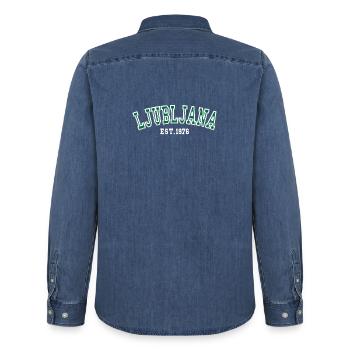 Ljubljana Fondée en 1976 - Chemise en denim homme bio Stanley/Stella - bleu moyen délavé  - Dos - AI Model Male 185 light (185cm)