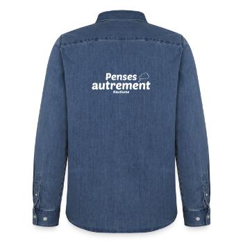 Penses autrement autisme - Chemise en denim homme bio Stanley/Stella - bleu moyen délavé  - Dos - AI Model Male 185 light (185cm)