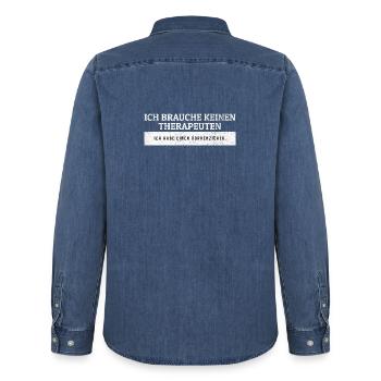 SARCASM - No therapist - just corkscrew. - Men’s Organic Denim Shirt by Stanley/Stella - mid washy  - Back - AI Model Male 185 light (185cm)
