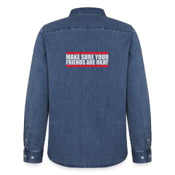 Assurez-vous que vos amis vont bien Logo de citation des amis - Chemise en denim homme bio Stanley/Stella - bleu moyen délavé  - Dos - AI Model Male 185 light (185cm)