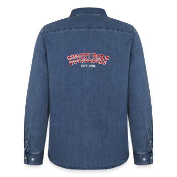 Düsseldorf Fondée en 1986 - Chemise en denim homme bio Stanley/Stella - bleu moyen délavé  - Dos - AI Model Male 185 light (185cm)