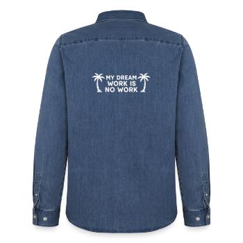 My Dream Work Is No Work - Palm Tree White - Men’s Organic Denim Shirt by Stanley/Stella - mid washy  - Back - AI Model Male 185 light (185cm)