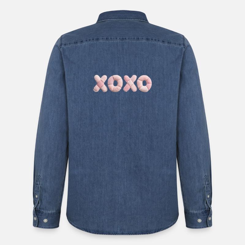 Plüsch Patchwork XOXO Design Pink - Männer Jeanshemd Organic von Stanley/Stella - verwaschenes Mittelblau