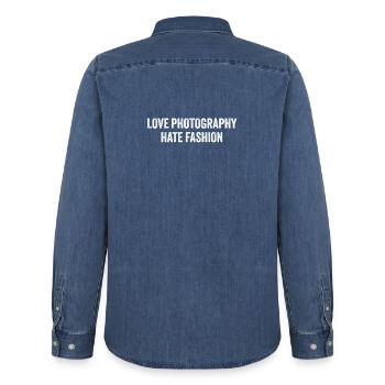 Love Photography hate Fashion - Men’s Organic Denim Shirt by Stanley/Stella - mid washy  - Back - AI Model Male 185 light (185cm)