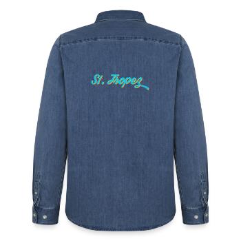 Calligraphie au néon de Saint-Tropez - Chemise en denim homme bio Stanley/Stella - bleu moyen délavé  - Dos - AI Model Male 185 light (185cm)
