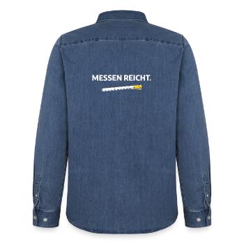 Measuring is enough. – Funny Craftsman Shirt - Men’s Organic Denim Shirt by Stanley/Stella - mid washy  - Back - AI Model Male 185 light (185cm)