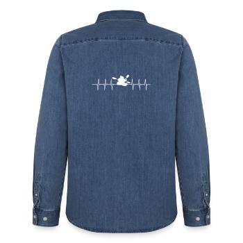 Heartbeat Helicopter Line Art - Men’s Organic Denim Shirt by Stanley/Stella - mid washy  - Back - AI Model Male 185 light (185cm)