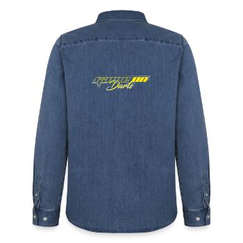GAME ON DARTS - Men’s Organic Denim Shirt by Stanley/Stella - mid washy  - Back - AI Model Male 185 light (185cm)