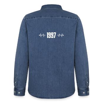 1997 Logo rétro Heartbeat - Chemise en denim homme bio Stanley/Stella - bleu moyen délavé  - Dos - AI Model Male 185 light (185cm)