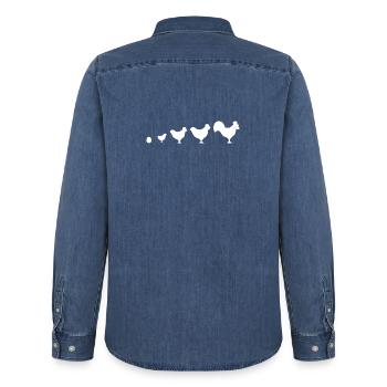 Evolution Farmer Poulet Coq Drôle - Chemise en denim homme bio Stanley/Stella - bleu moyen délavé  - Dos - AI Model Male 185 light (185cm)
