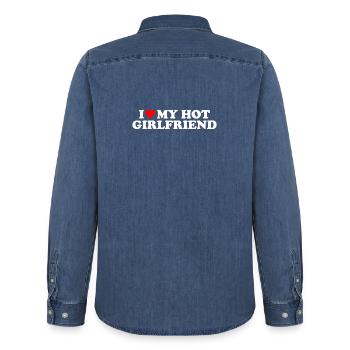 I Love My Hot Girlfriend Statement - Men’s Organic Denim Shirt by Stanley/Stella - mid washy  - Back - AI Model Male 185 light (185cm)
