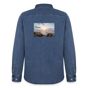 Sunset on the dune beach - Men’s Organic Denim Shirt by Stanley/Stella - mid washy  - Back - AI Model Male 185 light (185cm)