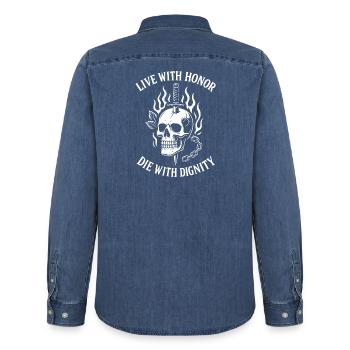 Crâne flambé avec glaive d'honneur Live With Honor - Chemise en denim homme bio Stanley/Stella - bleu moyen délavé  - Dos - AI Model Male 185 light (185cm)