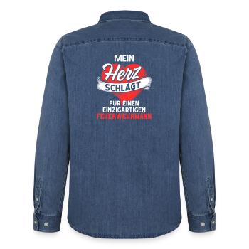 Heart beats for a firefighter - Men’s Organic Denim Shirt by Stanley/Stella - mid washy  - Back - AI Model Male 185 light (185cm)