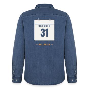 October 31 Calendar Halloween Date Spooky Horror - Men’s Organic Denim Shirt by Stanley/Stella - mid washy  - Back - AI Model Male 185 light (185cm)