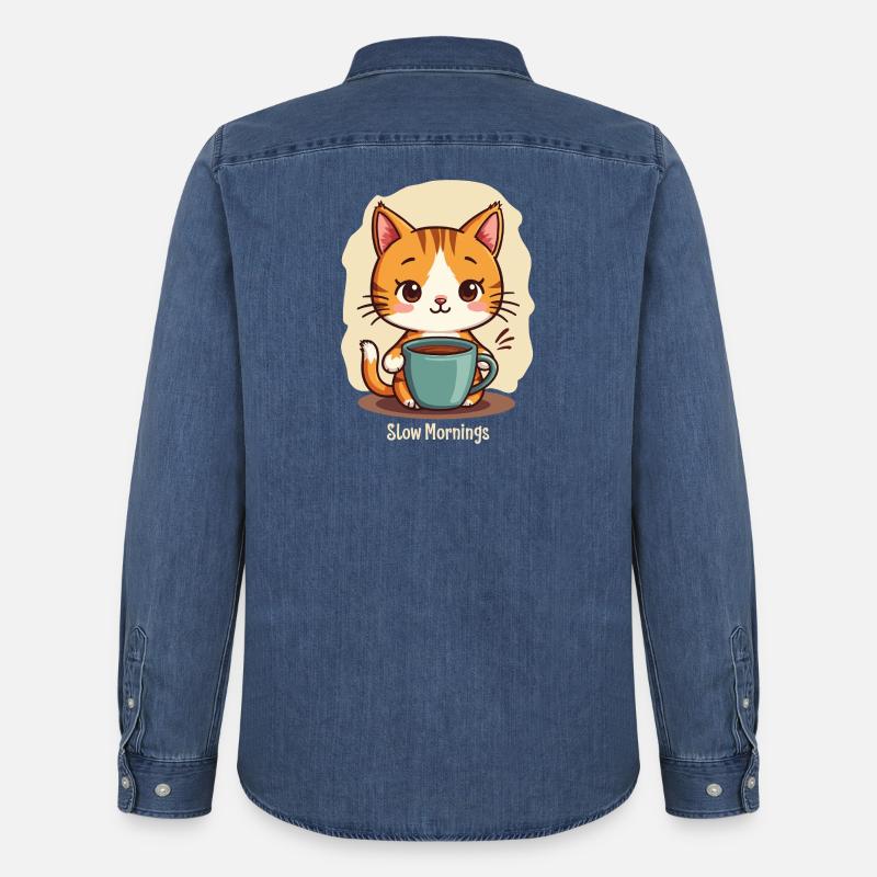 Langsame Morgenkatze mit Kaffee - Männer Jeanshemd Organic von Stanley/Stella - verwaschenes Mittelblau 
