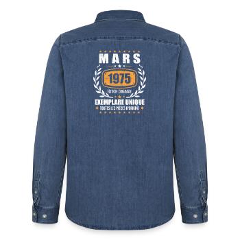 Original Mars 1975 Vintage Cadeau Anniversaire - Chemise en denim homme bio Stanley/Stella - bleu moyen délavé  - Dos - AI Model Male 185 light (185cm)