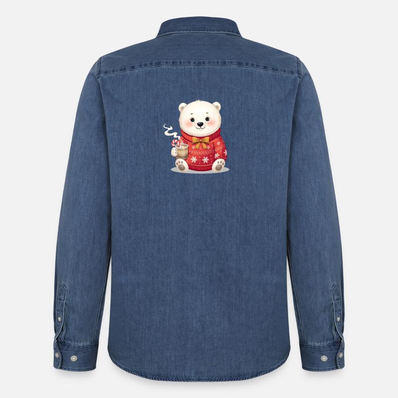 Eisbär im roten Weihnachtspullover - Männer Jeanshemd Organic von Stanley/Stella - verwaschenes Mittelblau 