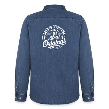 May 1965 – Legend of the Peaks and Mountains - Men’s Organic Denim Shirt by Stanley/Stella - mid washy  - Back - AI Model Male 185 light (185cm)