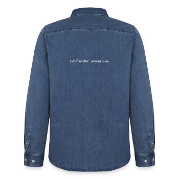 Cold Water Warm Sun  - Men’s Organic Denim Shirt by Stanley/Stella - mid washy  - Back - AI Model Male 185 light (185cm)