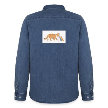 Chat crachant arc-en-ciel - Chemise en denim homme bio Stanley/Stella - bleu moyen délavé  - Dos - AI Model Male 185 light (185cm)