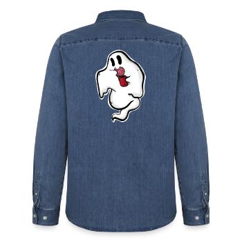 Ghost with donut and cup - Men’s Organic Denim Shirt by Stanley/Stella - mid washy  - Back - AI Model Male 185 light (185cm)