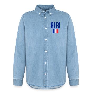 Albi France Flag Emblem - Men’s Organic Denim Shirt by Stanley/Stella - light wash - Front - AI Model Male 185 light (185cm)