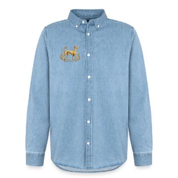 Libérez le Galgo - Broderie n°01 - Chemise en denim homme bio Stanley/Stella - bleu clair délavé - Devant - AI Model Male 185 light (185cm)