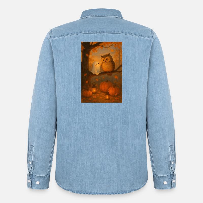 Gespenst mit süßer Eule - Männer Jeanshemd Organic von Stanley/Stella - verwaschenes Hellblau