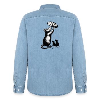Rat soulevant une miche de pain – illustration graphique - Chemise en denim homme bio Stanley/Stella - bleu clair délavé - Dos - AI Model Male 185 light (185cm)