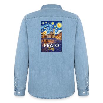 Prato, Italy. - Men’s Organic Denim Shirt by Stanley/Stella - light wash - Back - AI Model Male 185 light (185cm)