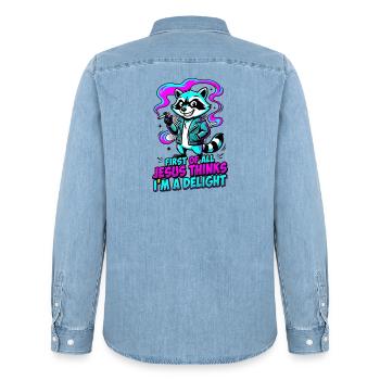 First of All Jesus Thinks I'm A Delight Raccoon - Men’s Organic Denim Shirt by Stanley/Stella - light wash - Back - AI Model Male 185 light (185cm)