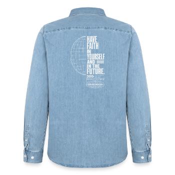 Faith in oneself and the future of the globe - Men’s Organic Denim Shirt by Stanley/Stella - light wash - Back - AI Model Male 185 light (185cm)