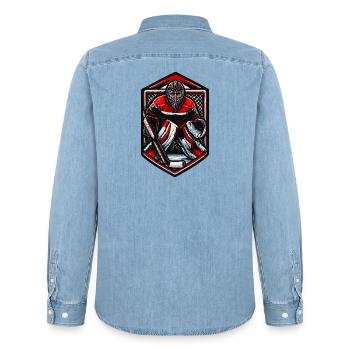 Roter Torwart im Hockey-Design - Männer Jeanshemd Organic von Stanley/Stella - verwaschenes Hellblau - Hinten - AI Model Male 185 light (185cm)