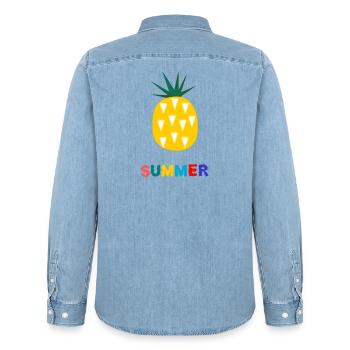 HOLIDAY. HAPPY HOLIDAYS. MISTRESS. MASTER. TEACHER - Men’s Organic Denim Shirt by Stanley/Stella - light wash - Back - AI Model Male 185 light (185cm)