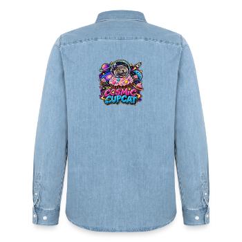 Cosmic Cupcat – Katze im Weltraum - Männer Jeanshemd Organic von Stanley/Stella - verwaschenes Hellblau - Hinten - AI Model Male 185 light (185cm)