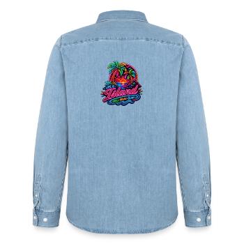 Neon Insel Sunset Relax - Männer Jeanshemd Organic von Stanley/Stella - verwaschenes Hellblau - Hinten - AI Model Male 185 light (185cm)