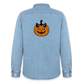 Halloween Katze Kürbiskopf - Männer Jeanshemd Organic von Stanley/Stella - verwaschenes Hellblau - Hinten - AI Model Male 185 light (185cm)