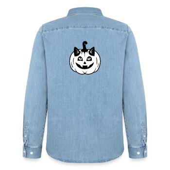 Halloween Katze Kürbiskopf - Schwarz Weiß - Männer Jeanshemd Organic von Stanley/Stella - verwaschenes Hellblau - Hinten - AI Model Male 185 light (185cm)