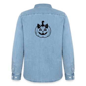 Halloween Katze Kürbiskopf - Schwarz - Männer Jeanshemd Organic von Stanley/Stella - verwaschenes Hellblau - Hinten - AI Model Male 185 light (185cm)