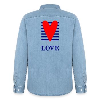 HAPPY BIRTHDAY. HAPPY BIRTHDAY. ANNIVERSARY. - Men’s Organic Denim Shirt by Stanley/Stella - light wash - Back - AI Model Male 185 light (185cm)