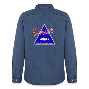 Expérience de pêche à la morue Sweat à capuche I Pêche en mer - Chemise en denim homme bio Stanley/Stella - bleu moyen délavé  - Dos - AI Model Male 185 light (185cm)