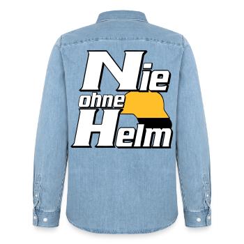 Freiwillige Feuerwehr , Shirt , Nie ohne Helm (25) - Männer Jeanshemd Organic von Stanley/Stella - verwaschenes Hellblau - Hinten - AI Model Male 185 light (185cm)